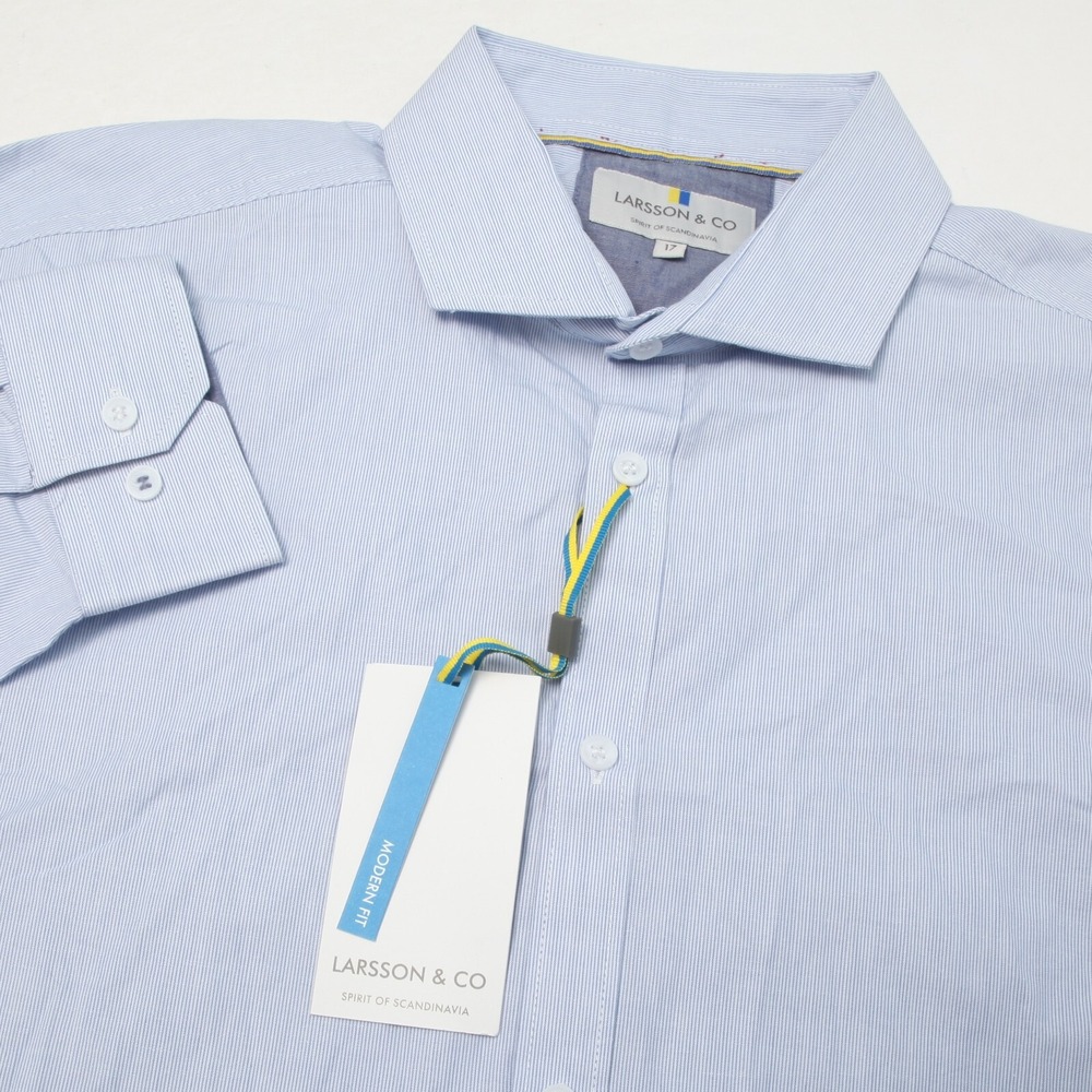 Larsson & Co Button Down Shirt Mens 17 36 Light Blue Modern Fit Micro Stripe